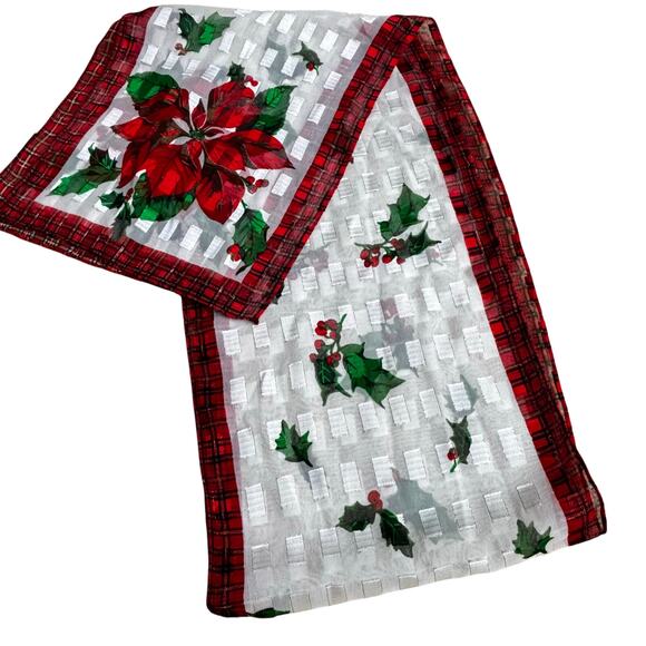 Christmas holiday silk burnout scarf long rectangle white green red plaid border - Picture 3 of 6